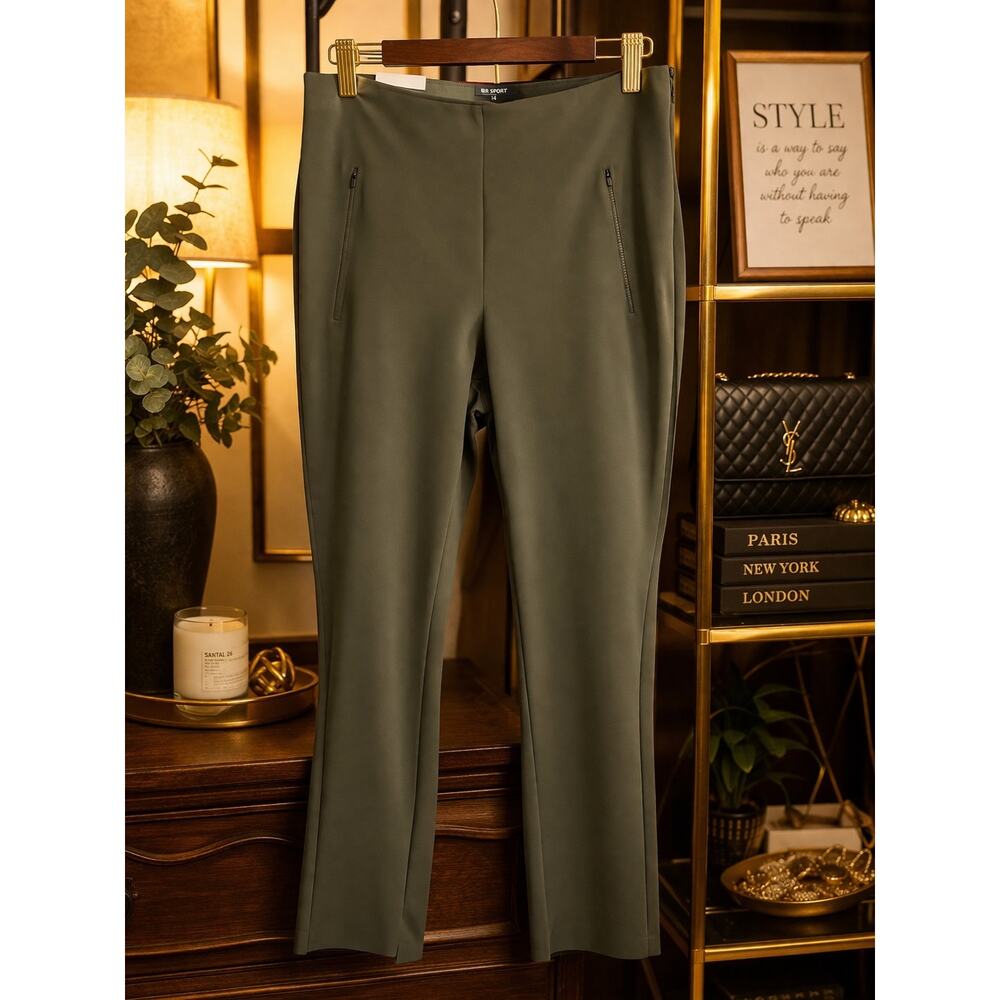 Banana Republic Sport Olive Pants Hidden Side Zip Raw Hem Slit Ankle Size 14 NWT